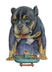 Cute pit bull puppy with toy boat .Watercolor illustration