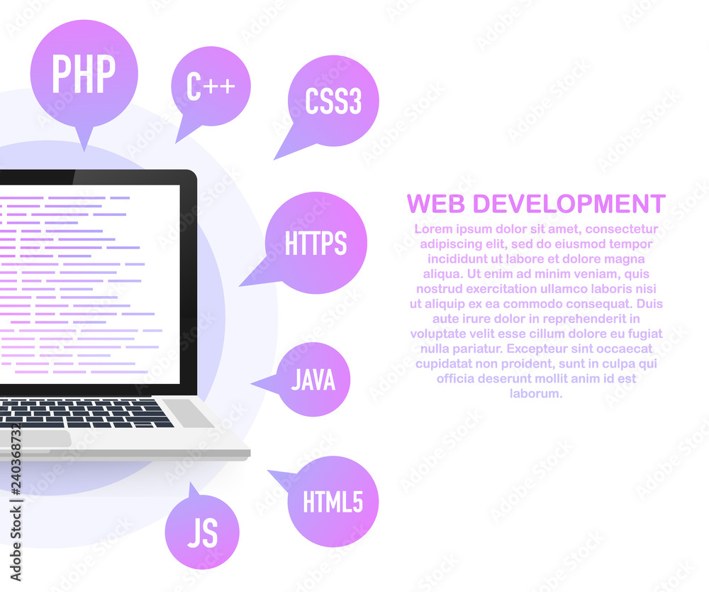 Poster programming, web development concept. code on the screen laptop. vector illustration.