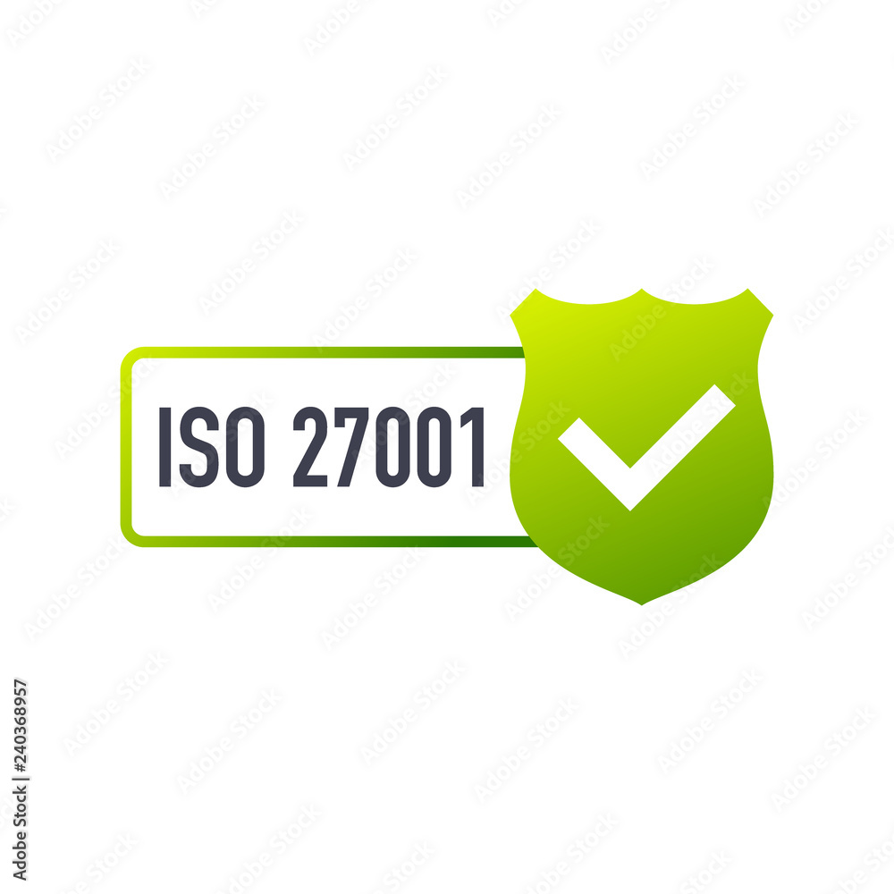 Poster ISO 27001 Certified badge, icon. Certification stamp. Flat design. Vector illustration.