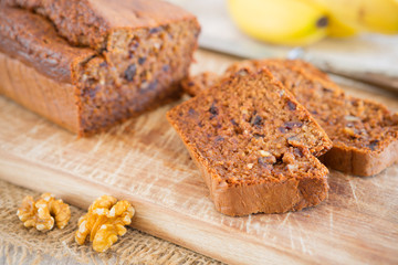 Homemade banana bread on a rustic table