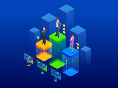 Isometric online job search and human resource, recruitment concept. We are hiring. Presentation for employment and infographics for recruiting.