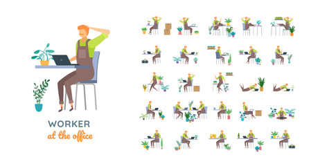 Vector young adult man in worker overalls ready-to-use character casual poses set in flat style.