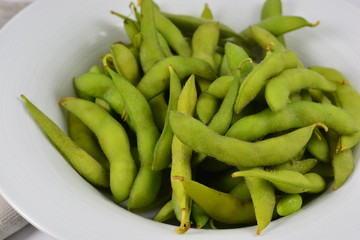 Soy beans in a white bowl