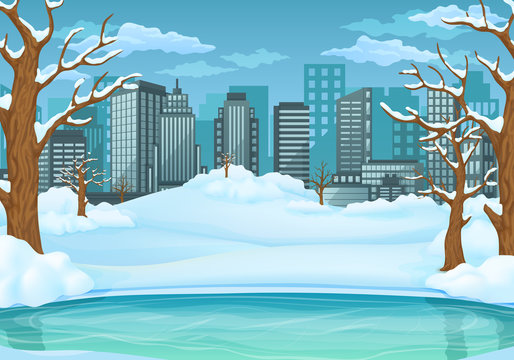 Winter day background. Frozen lake or river with snow covered leafless trees and bushes. Cityscape in the background.