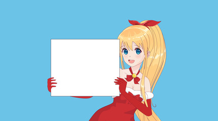 Japanese Asian woman holding white big sign board