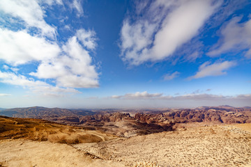 Ancient city of Petra top View of Petra Canyon in Jordan. Tourist attraction of Jordan. Big Canyon and Mountains in Middle East.