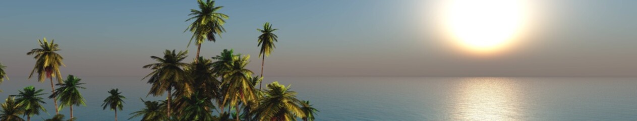Fototapeta na wymiar Beautiful tropical island at sunset, panorama of sea landscape with palm trees, 3d rendering 