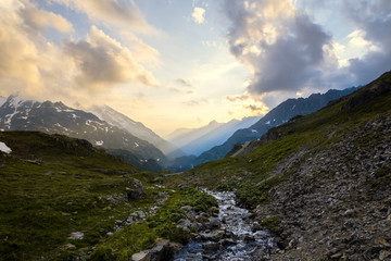 Alps mountains landscape during sunset. Sustenpass, Switzerland - Landscapes of the mountains and the nature of the Susten region.