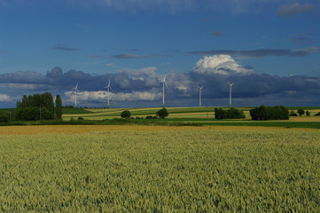 Wind-turbines against the gathering storm, Selzen, Rheinhessen, Germany