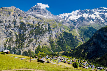 Fototapeta na wymiar Alps in summer. Gimmelwald village, Lauterbrunnen, Switzerland, Alps mountain landscape. Europe Swiss.