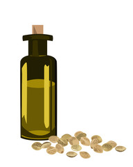 Hemp seeds, and oil in a glass jar isolated on a white background. Vector illustration