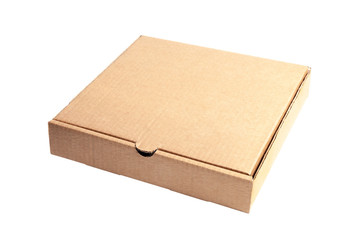 Closeup of empty closed cardboard beige pizza boxes. Concept order of fast delivery food, meal, dinner, lunch from Italian cuisine restaurant, carton containers