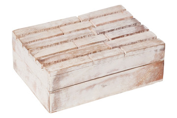 Closeup vintage texture wooden old weathered aged empty closed rectangular box casket isolated on white background. Concept container for jewelry, sweets, scandi decor for home, hygge, interior