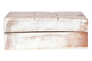 Closeup vintage texture wooden old weathered aged empty closed rectangular box casket isolated on white background. Concept container for jewelry, sweets, scandi decor for home, hygge, interior