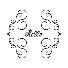 Nice hand drawn lettering in retro decorative frame isolated on white background. Hello word greeting. Vintage template with curls for your text