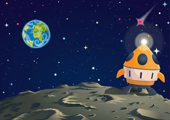 Fototapete Kinderzimmer Mondbodenillustration mit Rakete und Erdanblick. Vektor-Cartoon-Illustration