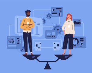 Smiling man and woman standing on weighing dishes of balance scale. Concept of gender equality at work or in business, equal rights for both sexes. Colorful vector illustration in flat cartoon style.