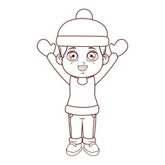 Boy with winter clothes cartoon brown lines
