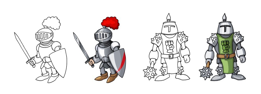 Cartoon medieval confident armed knights, isolated on white background colorings © Andrew