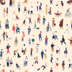 Fototapeta na wymiar Seamless pattern with tiny people walking on street. Backdrop with men, women and children performing outdoor activity. Colorful vector illustration in flat cartoon style for wallpaper, fabric print.