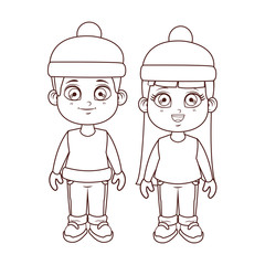Boy and girl with winter clothes brown lines