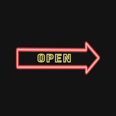 Neon sign Open 24/7 light vector background. Realistic glowing shining design element in arrow frame for 24 Hours Club, Bar, Cafe