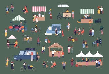 Outdoor fair, market or street food festival. Men and women walking between stalls, kiosks and vans, buying products, talking to each other. Colorful vector illustration in flat cartoon style.