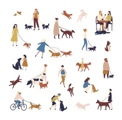 Crowd of tiny people walking their dogs on street. Group of men and women with pets or domestic animals performing outdoor activities isolated on white background. Vector illustration in flat style.