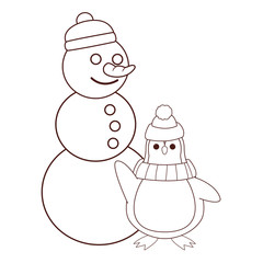 Snowman and penguin cartoon brown lines