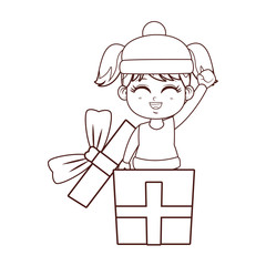 Girl with winter clothes inside gift box brown lines