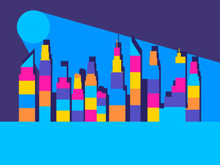 Cityscape with skyscrapers. The contours of buildings with colorful lines. Vector illustration