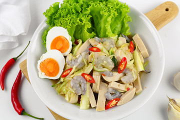 Spicy cucumber salad with shrimp and pork sausage vietnamese style, Thai food