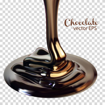 Chocolate advertising design with a glossy stream of chocolate on a transparent background. High detailed realistic illustration.