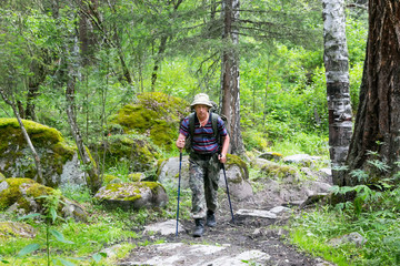 A tourist goes along a wide path. Male traveler climbs uphill on a walking path.