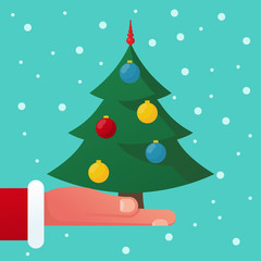 Fototapeta premium Christmas tree, decoration balls hold in hand Santa Claus. Christmas card, space for text, greetings, template. Merry Christmas, Happy New Year background. Vector illustration flat design.
