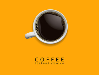 Coffee advertising design. White porcelain cup of coffee with foam on a yellow background. High detailed realistic illustration