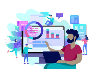 Concept illustration of business, office workers analysis of the evolutionary scale, SEO, market research Web site coding, internet search optimization, banner, presentation, social media