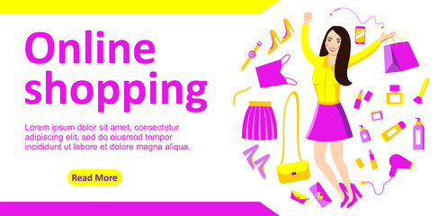 Template banner for online store. Modern flat webpage design concept for website and mobile website. Happy girl with shopping. Vector illustration.
