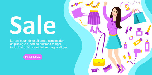 emplate banner for online store. Modern flat webpage design concept for website and mobile website. Happy girl with shopping. Vector illustration.