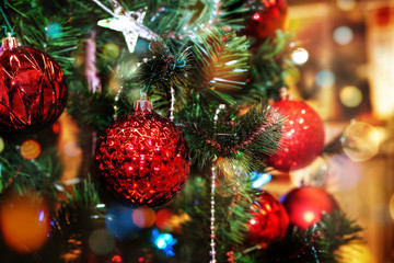           christmas tree and lights, bokeh background             