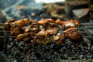 meat on the fire. Shish kebab