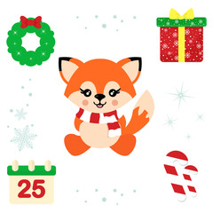 cartoon christmas fox with scarf sitting and christmas elements