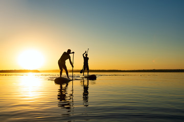 Silhouettes men, friends who are paddling on a SUP boards