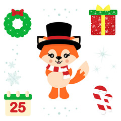 cartoon christmas fox with scarf and hat and christmas elements
