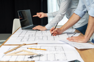 Cropped profile side view cooperation partners unit girl and guy person in formal wear shirt stand...