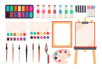 Painting tools. Cartoon paintbrush and canvas, easel and paints. Watercolor palette. Artistic vector set of easel and paint for drawing illustration