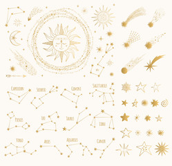 Zestaw elementów projektu złote miejsca. Znaki zodiaku. słońce, księżyc, gwiazdy, komety. Wektorowa złota ilustracja. Odosobniony. - 240384505