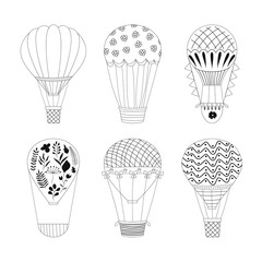 Set of hot air balloon icons. Outline vector illustration. Isolated.