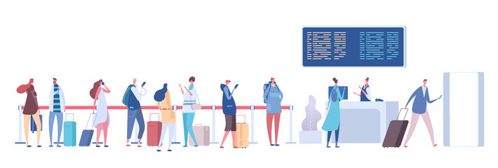 People in airport queue. Passengers baggage in line, check in registration in terminal. Airport arrival departure vector concept. Queue to check flight, people with luggage and baggage illustration