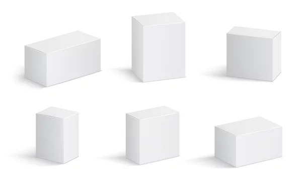 White cardboard boxes. Blank medicine package in different sizes. Medical product square box 3d vector isolated mockups. Container package, cardboard box, mockup compact block illustration